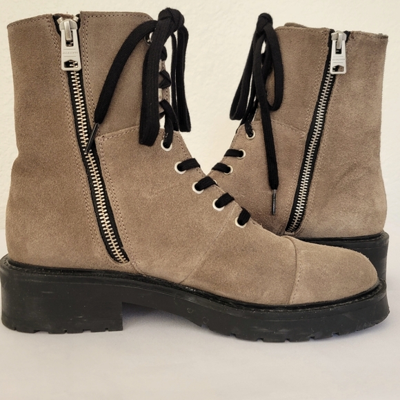 All Saints Lace Up Side Zipper Tan Taupe Suede Lug Combat Boots - Picture 6 of 13